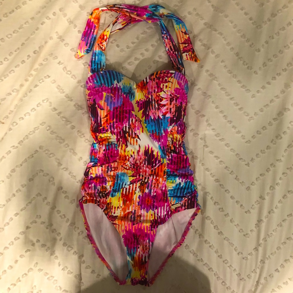 Sunseeker Pink Floral One Piece Halter Swimsuit